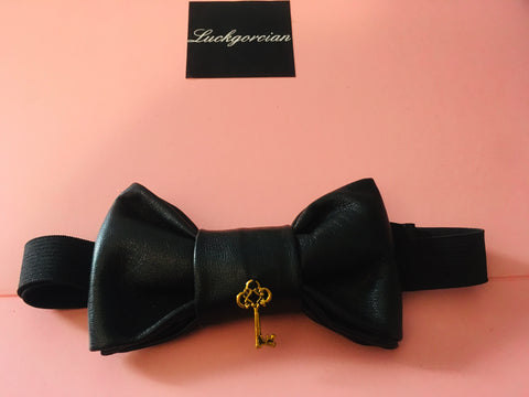 Leatherish collection-Genuine leather black bowtie with key element