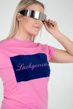 Limited edition pink cotton t-shirt for women for sale in flock print